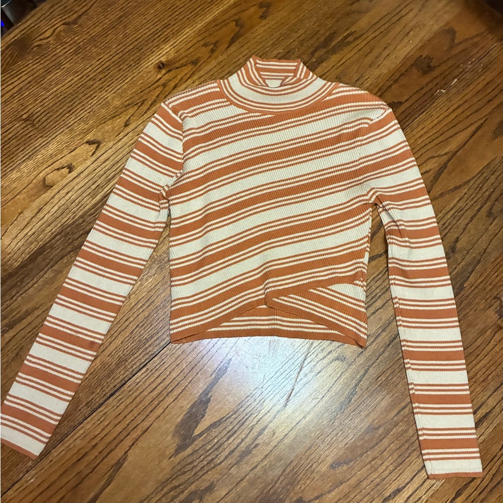 Say What? Mock Neck Striped Ribbed Crop Top Rust Orange Cream Crossover Hem‎ L